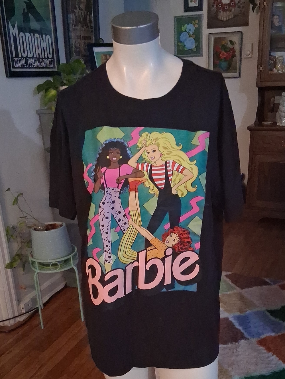 Barbie Black Tee with Pink, Yellow, Green & Red Graphic